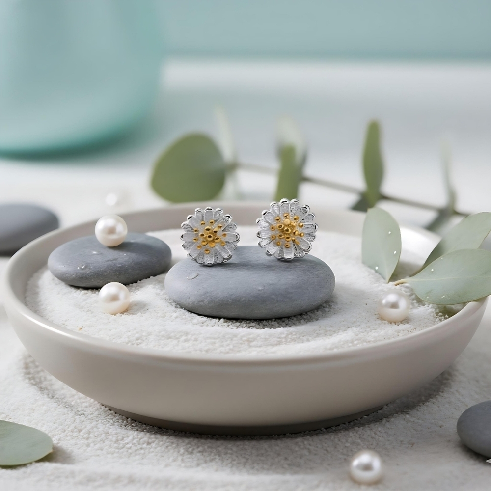 Solid S925 Sterling Silver Daisy Delights Dainty Minimalist Stud Earrings